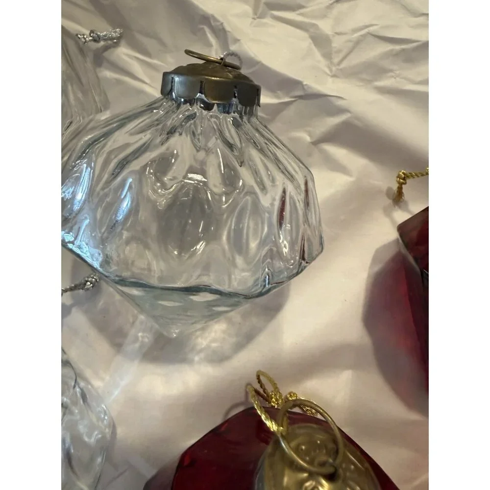 6 Restoration Hardware Handblown 3 Red Octagon Art Glass Kugel Style Ornaments